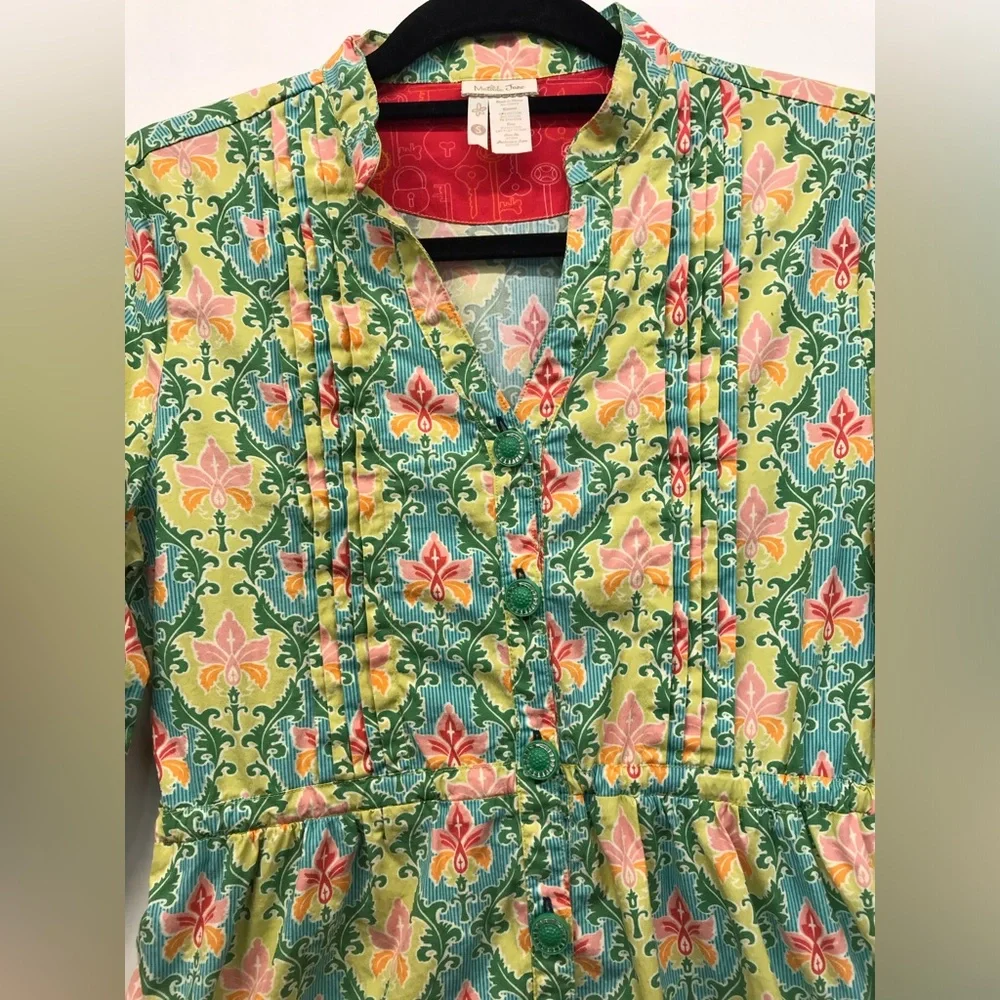 Matilda Jane Dress Button‎ up 3/4 Sleeve Tie Waist Floral Green Yellow Size S